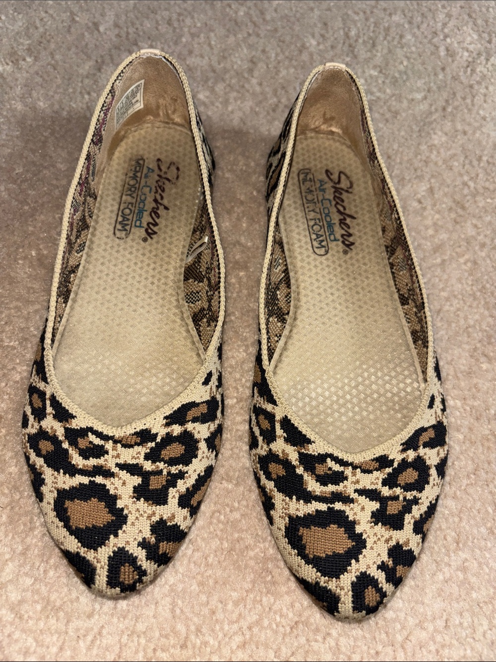 Skechers Leopard Print Pointed-Toe Flats - Beige and Black